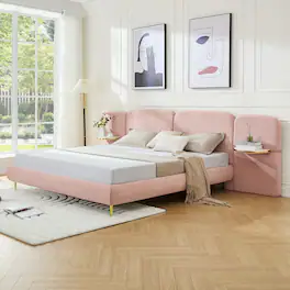 Whisen - Upholstered Platform Bed with Block-Shaped Headboard and Integrated Side Table Shelves - Pink
