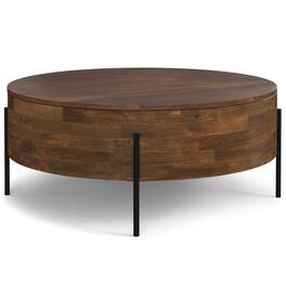 Simpli Home - Rayburn SOLID MANGO WOOD 38 inch Wide Round Modern Urban Drum Coffee Table - Walnut Brown