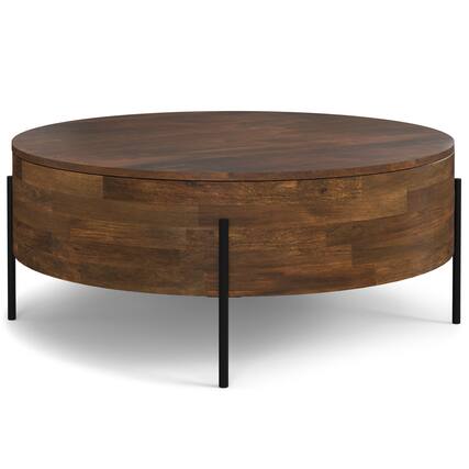 Front. Simpli Home - Rayburn SOLID MANGO WOOD 38 inch Wide Round Modern Urban Drum Coffee Table in Walnut Brown - Walnut Brown.
