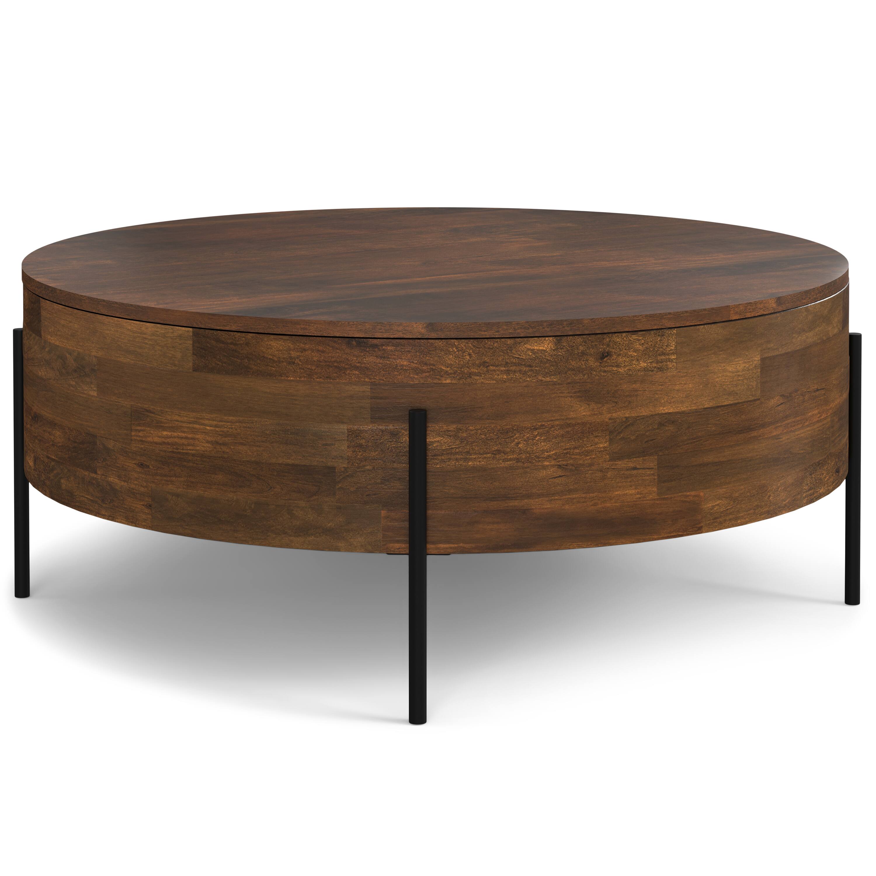 Front. Simpli Home - Rayburn SOLID MANGO WOOD 38 inch Wide Round Modern Urban Drum Coffee Table in Walnut Brown - Walnut Brown.