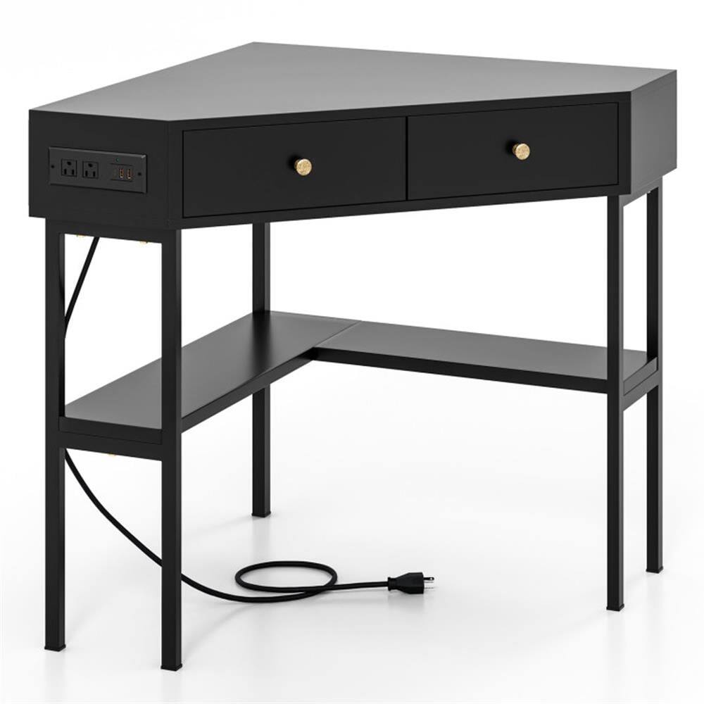 Alt View 4. Pefilos - Triangle Corner Desk with Charging Station with 2 Drawers & Storage Shelf, Small Home Office Desk Study Writing Table - Black.