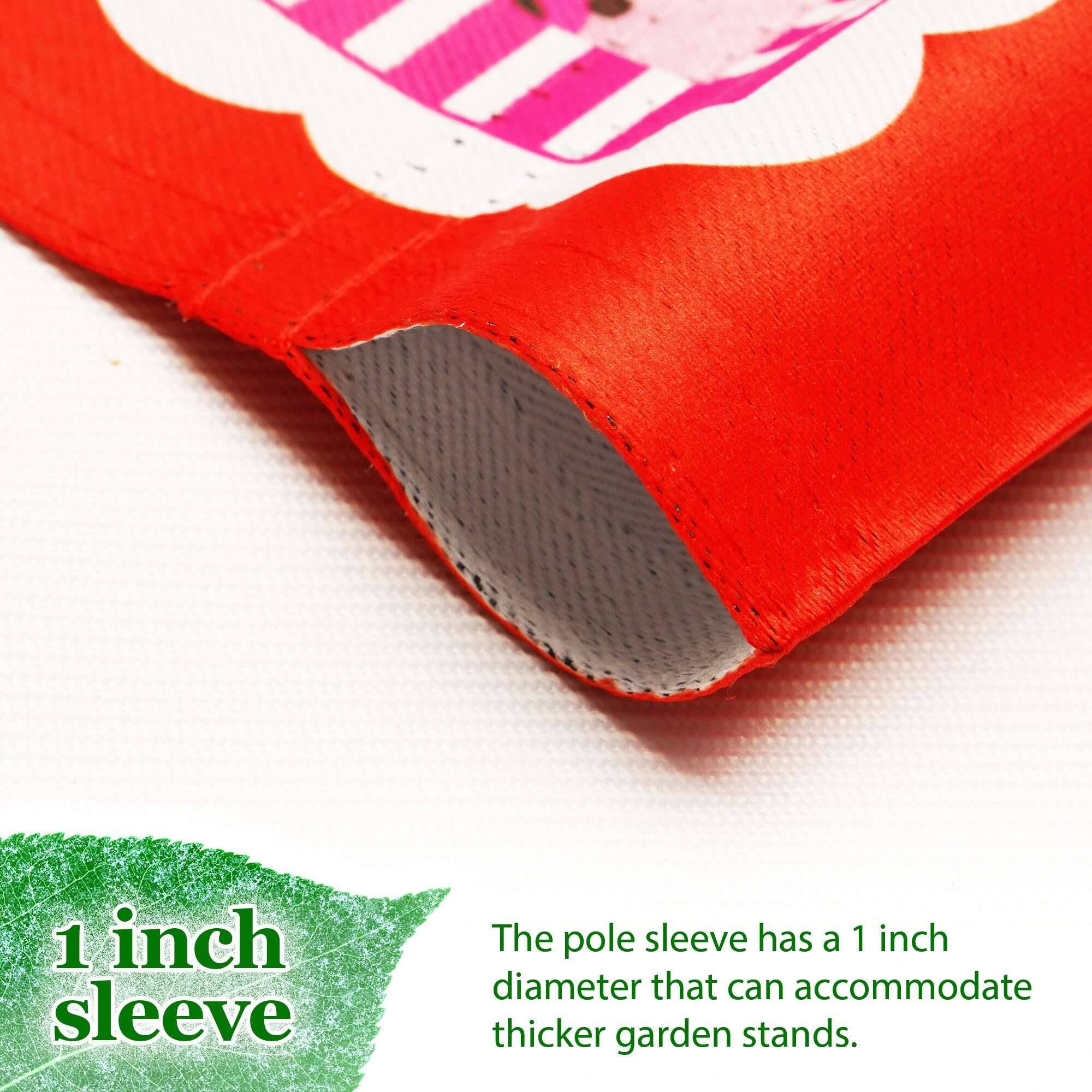 1 inch sleeve

The pole sleeve has a 1 inch diameter that can accommodate thicker garden stands.