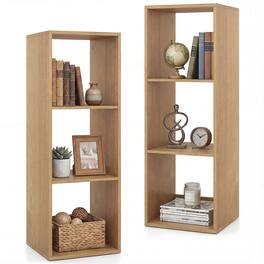 Gymax - 2PCS 3-Cube Bookshelf Vertical Bookcase w/Back Guardrail & Anti-tipping Kits Natural - Yellow