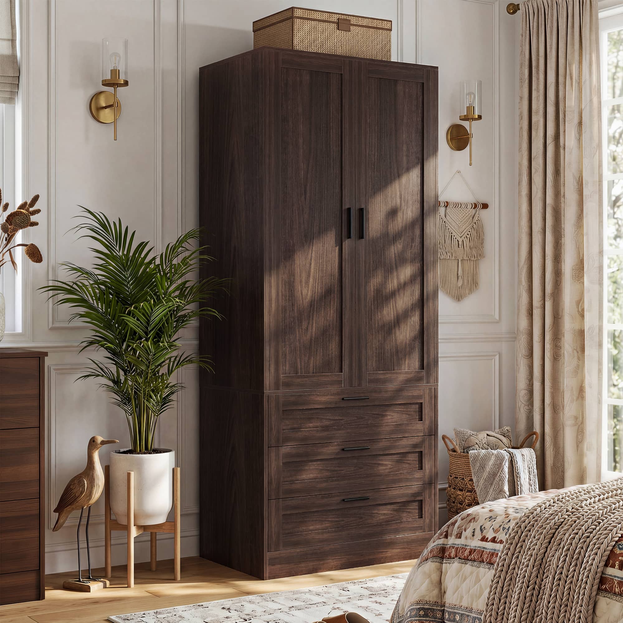 Aheaplus - 71" Tall Armoire Wardrobe with 3 Drawers, Doors, Hanging Rod, 20" Deep Storage with Soft-Close Hinges & Metal Handles - Walnut