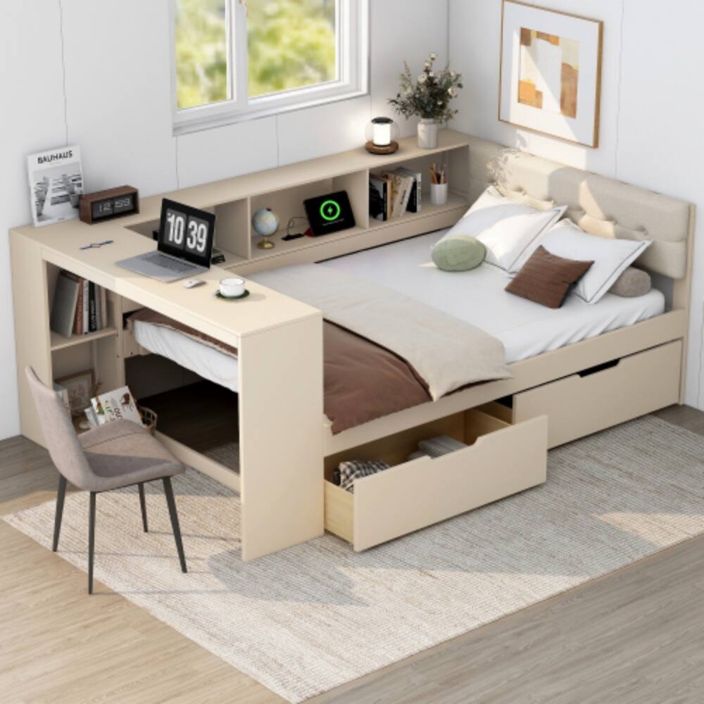 Left. LUCKY ONE - Full Size Wood Platform Bed with Storage Shelves, Drawers, USB Charging Station, Upholstered Headboard - Cream.
