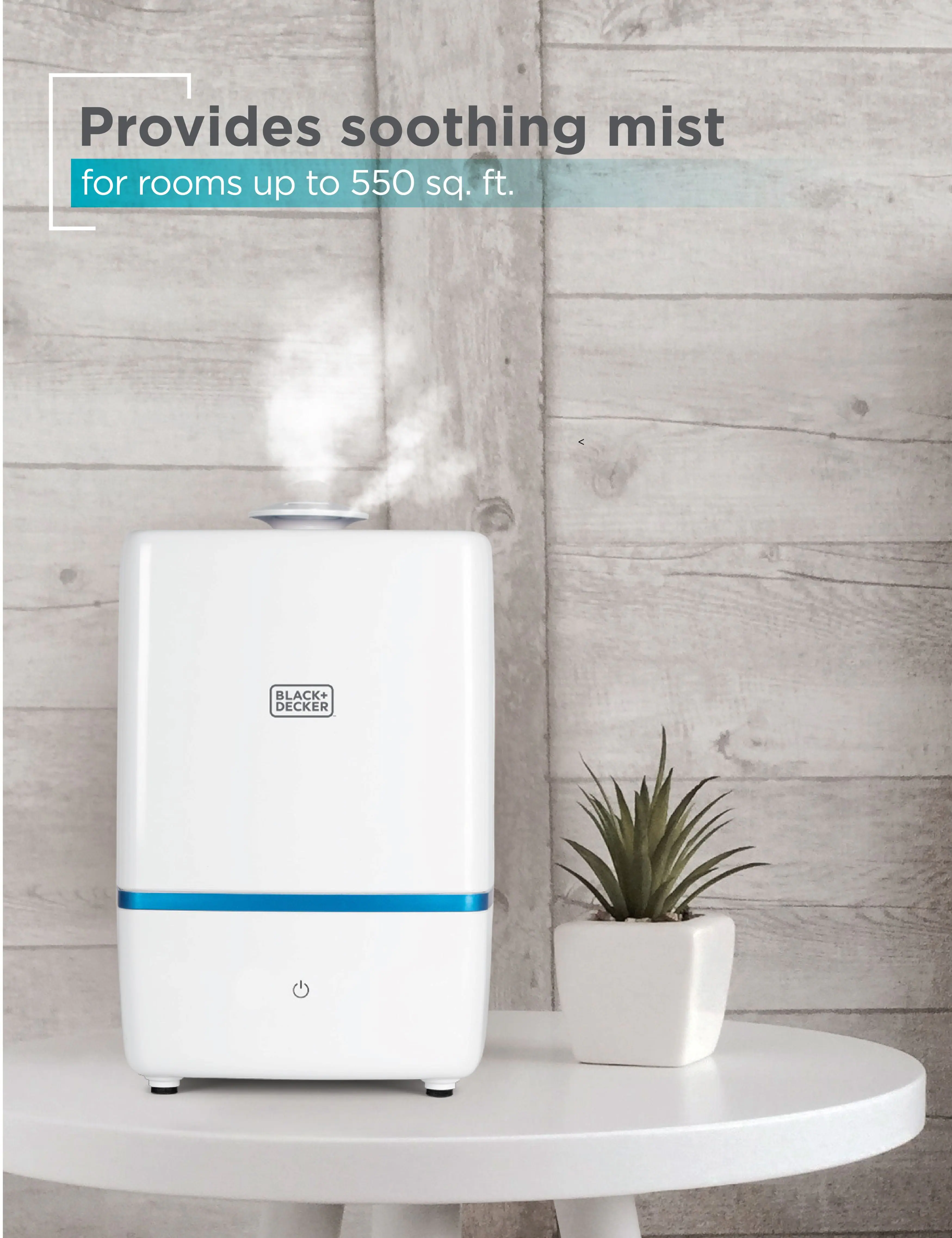 The text on the image reads: "Provides soothing mist for rooms up to 550 sq. ft." and "BLACK+DECKER."
