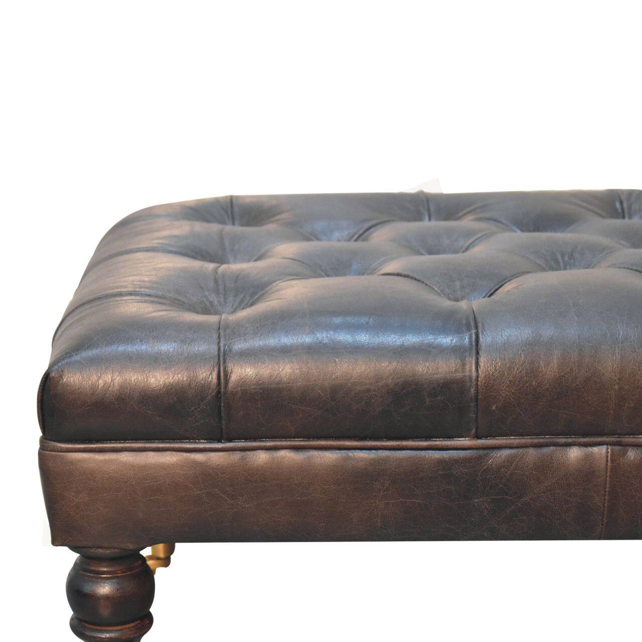 Alt View 1. Artisan Furniture - Artisan Furniture Solid Wood Buffalo Ash Black Leather Ottoman with Castor Legs, Upholstered, Black - Black.