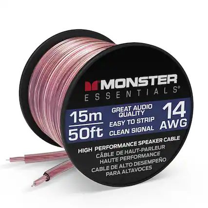 MONSTER ESSENTIALS GREAT AUDIO QUALITY EASY TO STRIP CLEAN SIGNAL 14 AWG 15m 50ft HIGH PERFORMANCE SPEAKER CABLE HAUT-PARLEUR CBLE DE HAUTE PERFORMANCE DESEMPENO DE ALTO CABLE ALTAVOCES PARA