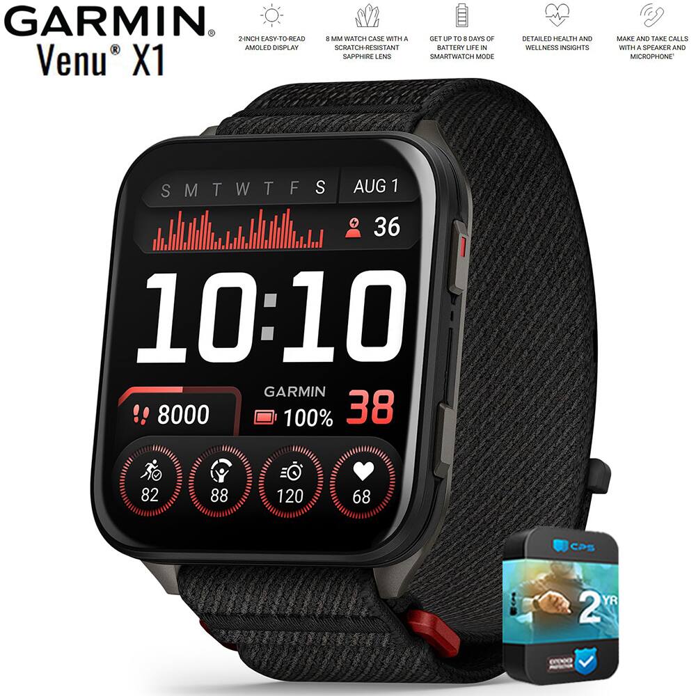 GARMIN
Venu X1
- 2-INCH EASY-TO-READ AMOLED DISPLAY
- 8 MM WATCH CASE WITH A CRATCH-RESISTANT SAPPHIRE LENS
- GET UP TO 8 DAYS OF BATTERY LIFE IN SMARTWATCH MODE
- DETAILED HEALTH AND WELLNESS INSIGHTS
- MAKE AND TAKE CALLS WITH A SPEAKER AND MICROPHONE
SMTWTFS
AUG 1
10:10
36
8000
100%
38
82
88
120
68
GARMIN
8000
100%
38
82
88
120
68
2 YR