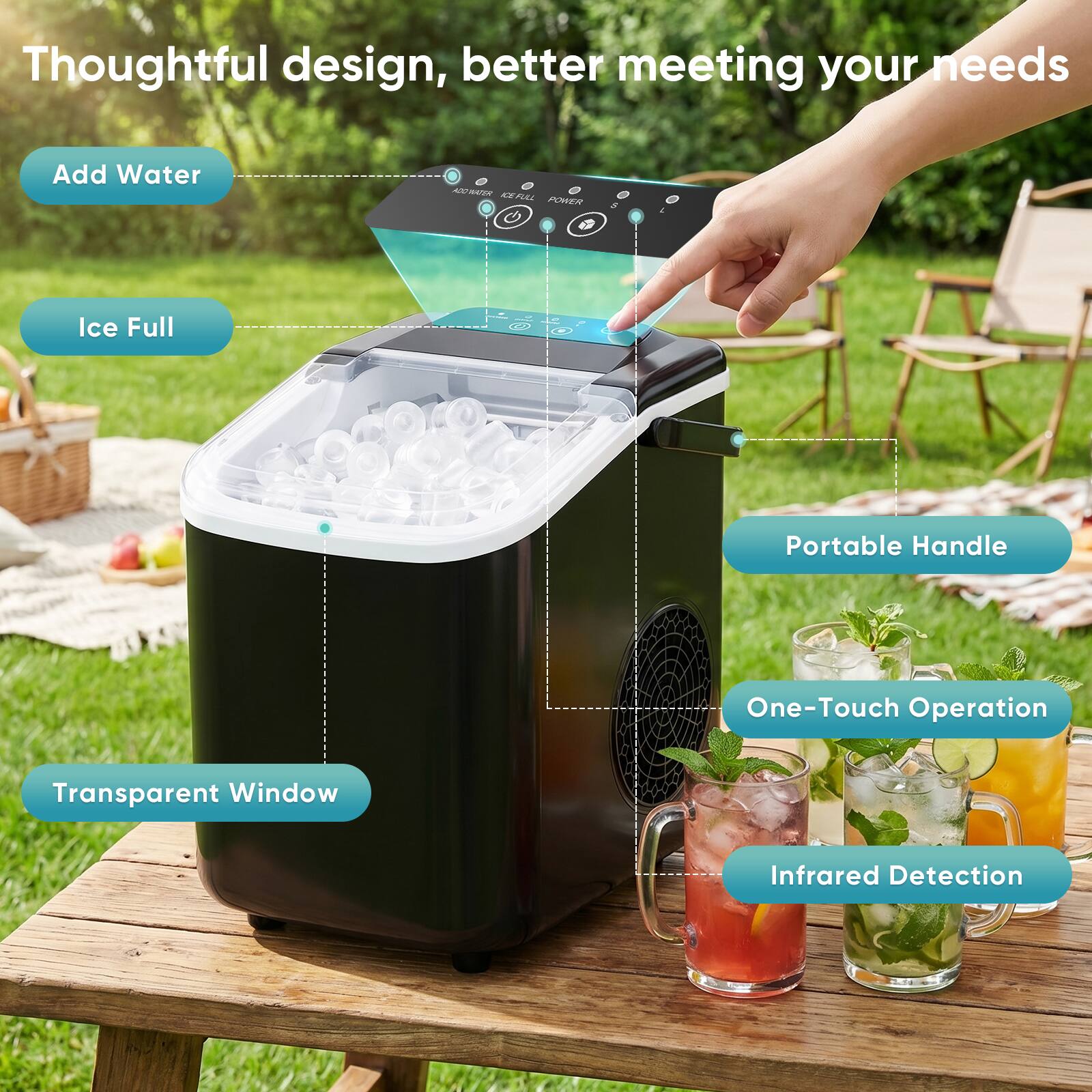 Thoughtful design, better meeting your needs

- Add Water
- Ice Full
- Portable Handle
- One-Touch Operation
- Transparent Window
- Infrared Detection