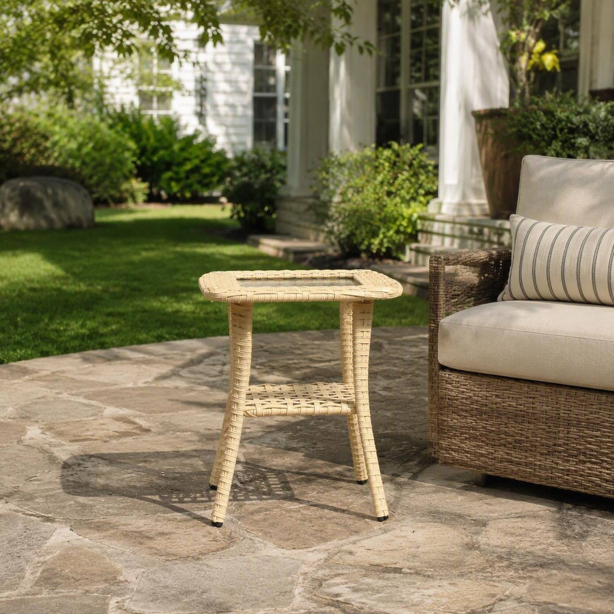 Angle. RYHNUYNE - Outdoor 2-Tier Wicker Patio Side Table with Tempered Glass Top Storage Shelf,End Table for Balcony Garden Porch - Yellow.