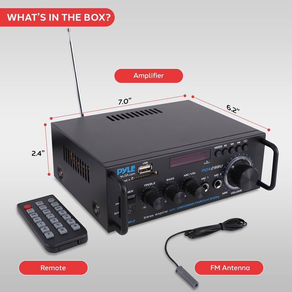 WHAT'S IN THE BOX?

- Amplifier
  - Dimensions: 7.0" x 6.2" x 2.4"
  - Features: USB, MIC/VOL, BASS, TREBLE, VOLUME, Display, MODE, USB/SD/MMC/FM/LED, Stereo Amplifier with USB/SD/MMC/FM/LED Display, Remote, FM Antenna

- Remote

- FM Antenna