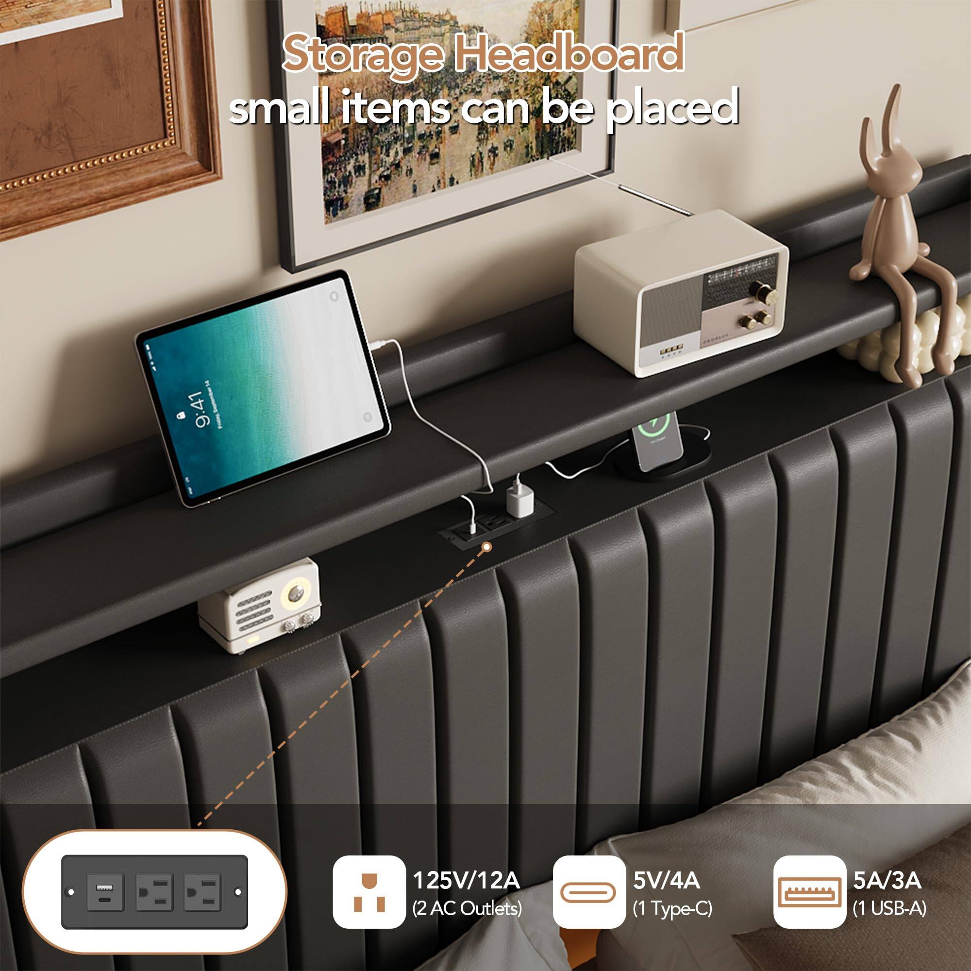 Storage Headboard  
small items can be placed  

125V/12A (2 AC Outlets)  
5V/4A (1 Type-C)  
5A/3A (1 USB-A)