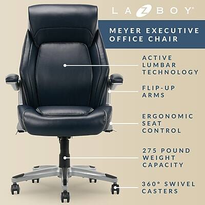 LAZ BOY  
MEYER EXECUTIVE OFFICE CHAIR  
ACTIVE LUMBAR TECHNOLOGY  
FLIP-UP ARMS  
ERGONOMIC SEAT CONTROL  
275 POUND WEIGHT CAPACITY  
360° SWIVEL CASTERS