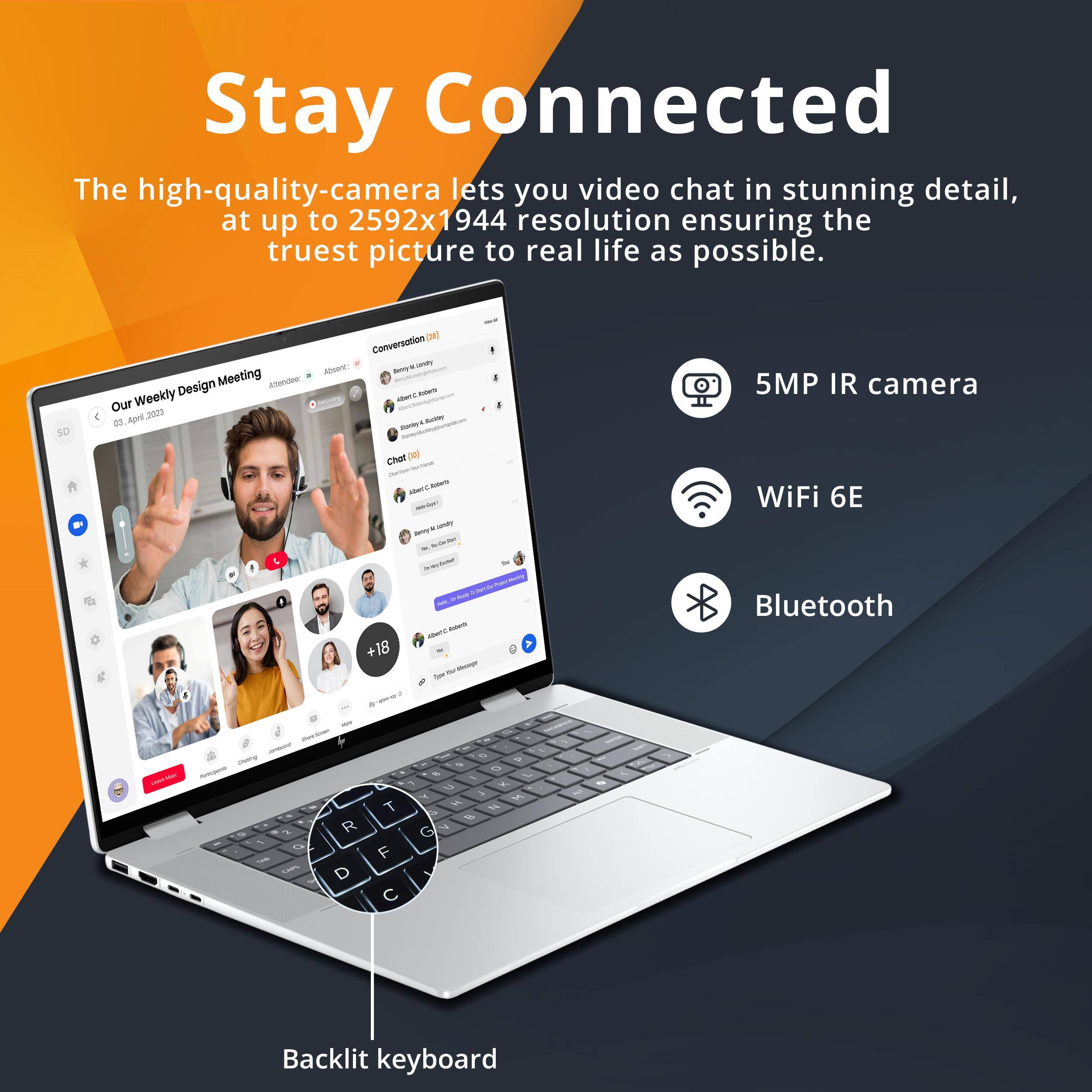 Stay Connected

The high-quality camera lets you video chat in stunning detail, at up to 2592x1944 resolution ensuring the truest picture to real life as possible.

- 5MP IR camera
- WiFi 6E
- Bluetooth
- Backlit keyboard