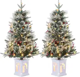 Qeetex - 2pack 3Ft Artificial Christmas Tree with 78 Warm White LED Lights Prelit Flocked PVC Branches Snowman Base 8-modes - Green
