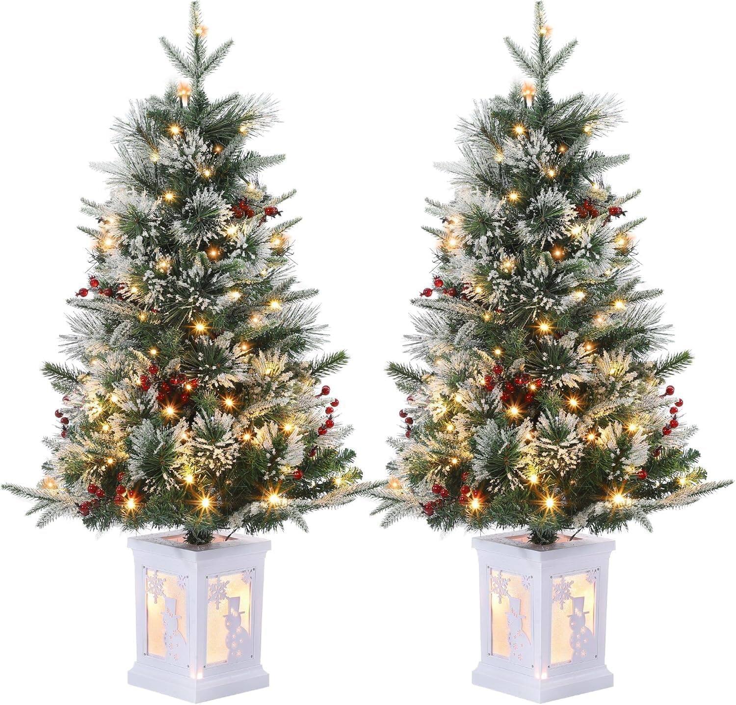 Front. Qeetex - 2pack 3Ft Artificial Christmas Tree with 78 Warm White LED Lights Prelit Flocked PVC Branches Snowman Base  8-modes - green.