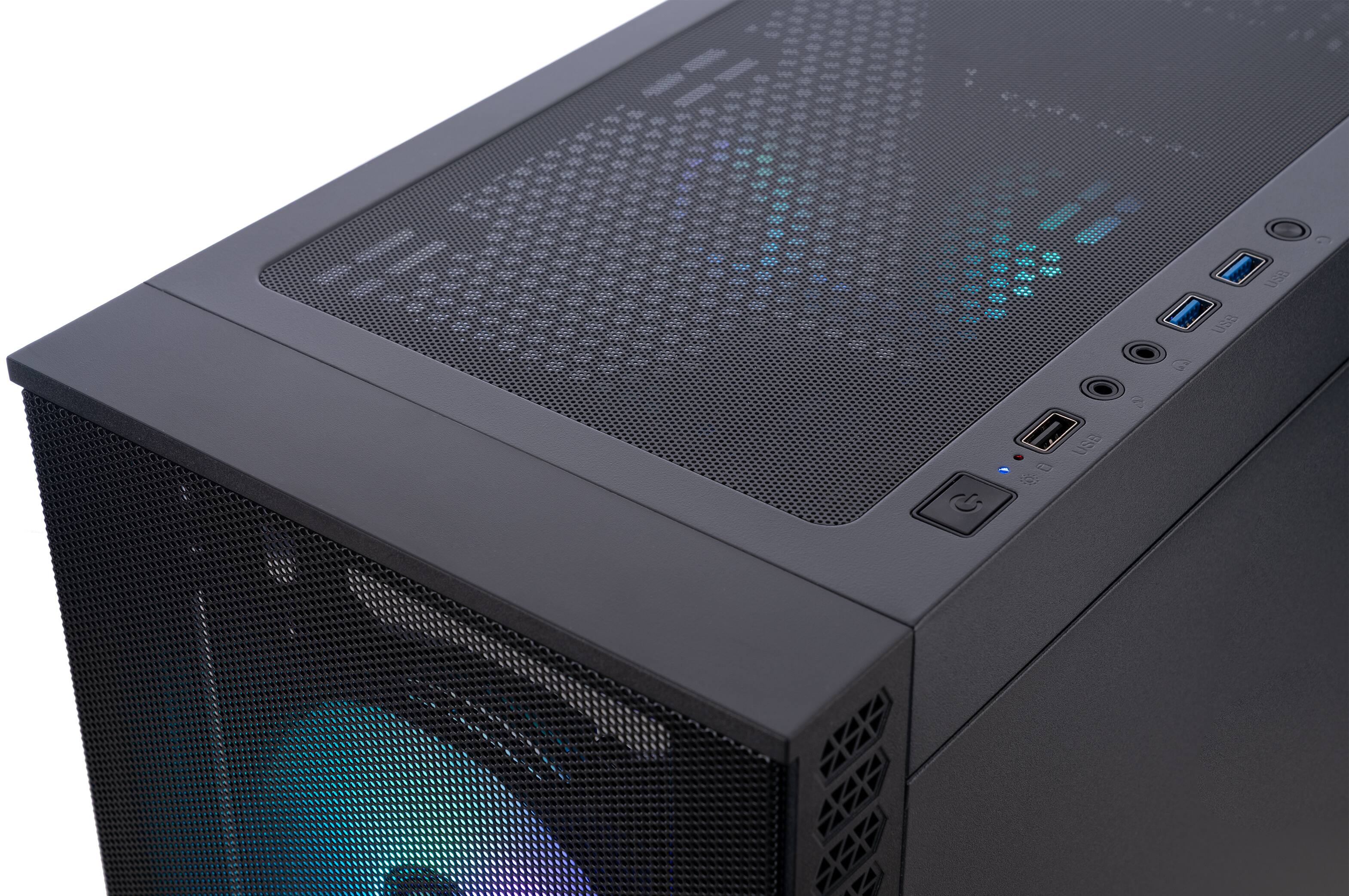 The image shows a close-up of a computer case with a mesh front panel. On the top right side, there are two USB ports, one of which is USB 3.0, and a headphone jack. The case has a sleek, black design with a power button and a small LED indicator. The interior is partially visible through the mesh, showing some blue lighting.