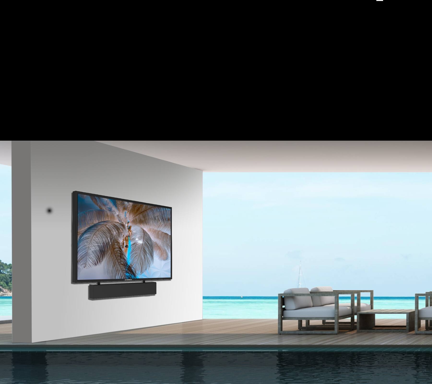Alt View 2. SKYWORTH - Skyworth Clarus 55" Partial Sun Outdoor TV with an 80 Watt Built In Soundbar, 1200 Nits, and IP55 Waterproof Rating.