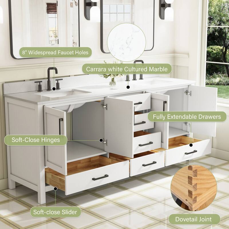 8" Widespread Faucet Holes  
Carrara White Cultured Marble  
Fully Extendable Drawers  
Soft-Close Hinges  
Soft-Close Slider  
Dovetail Joint