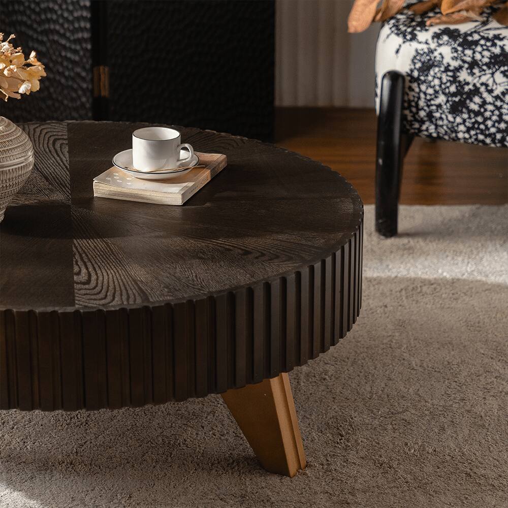 Back. Trinkets Crazed - Solid Round Coffee Table, Pedestal Design With Rustic Wood Grain | Space-Saving Accent Table - Brown.