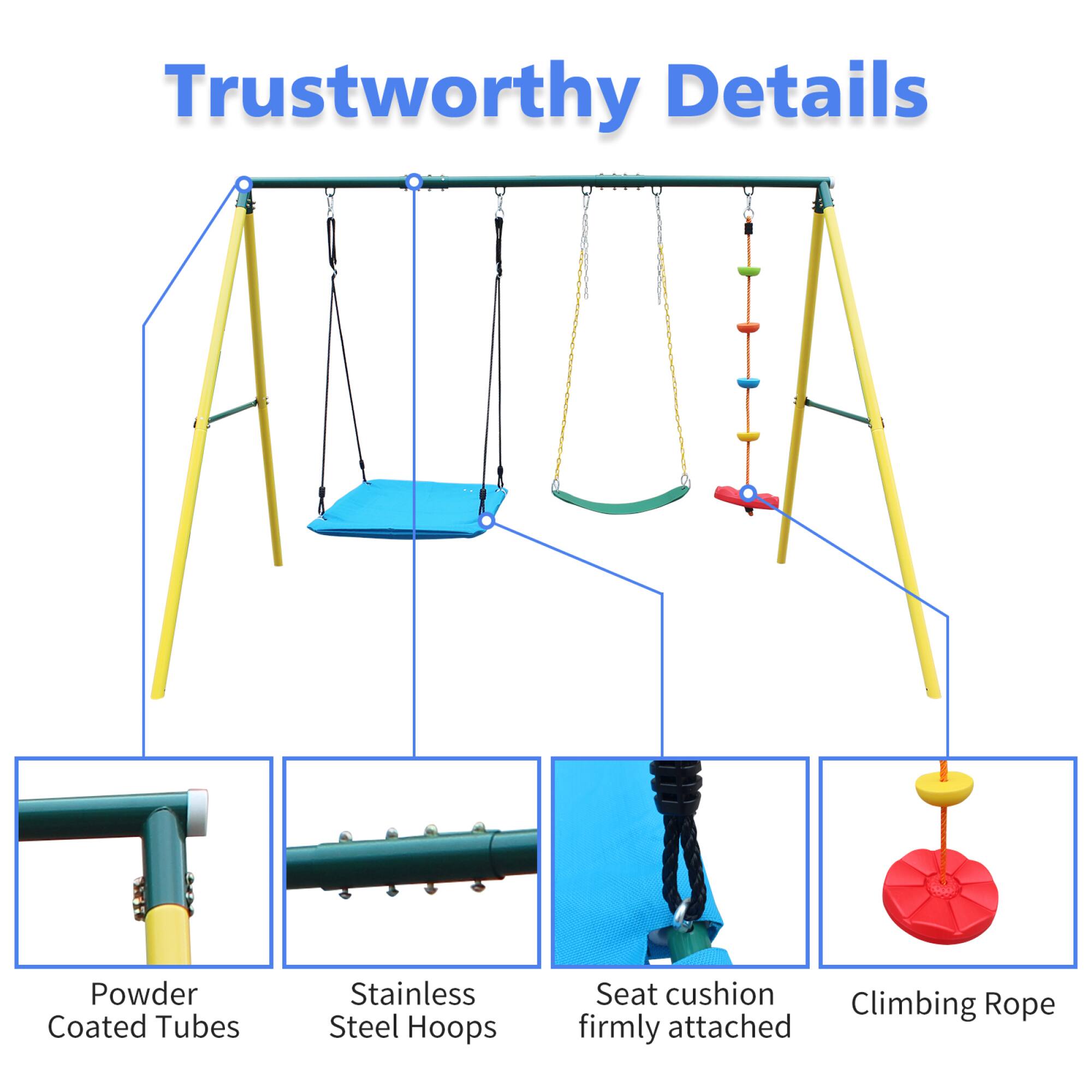 Trustworthy Details

- Powder Coated Tubes
- Stainless Steel Hoops
- Seat cushion firmly attached
- Climbing Rope