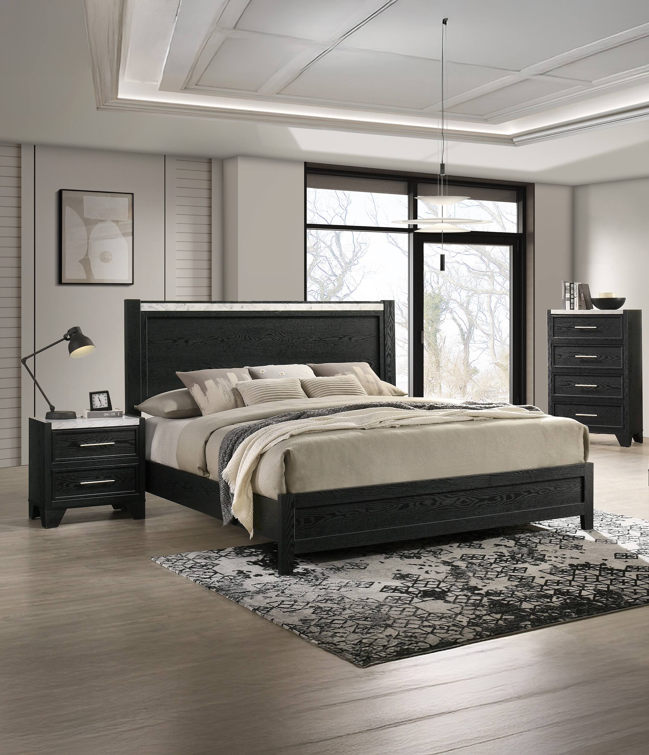 Back. TinyHomie - 1pc Contemporary Modern White Faux Marble Top 4 Drawers Tall Chest Black Finish Bedroom Furniture - Black and White.