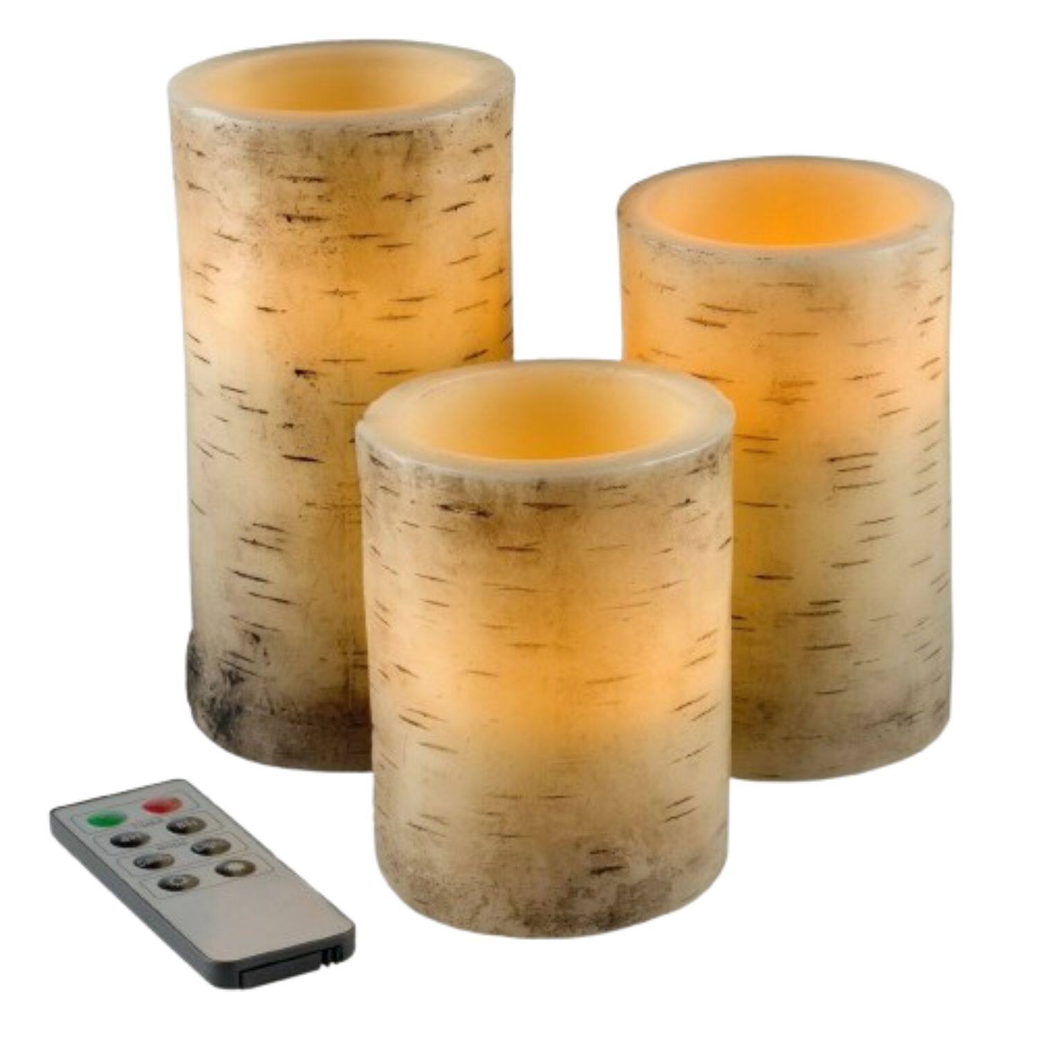 Front. Home Collection - 3-Piece Real Wax LED Flameless Candle Set – Birch Bark Design with Remote & Timer.