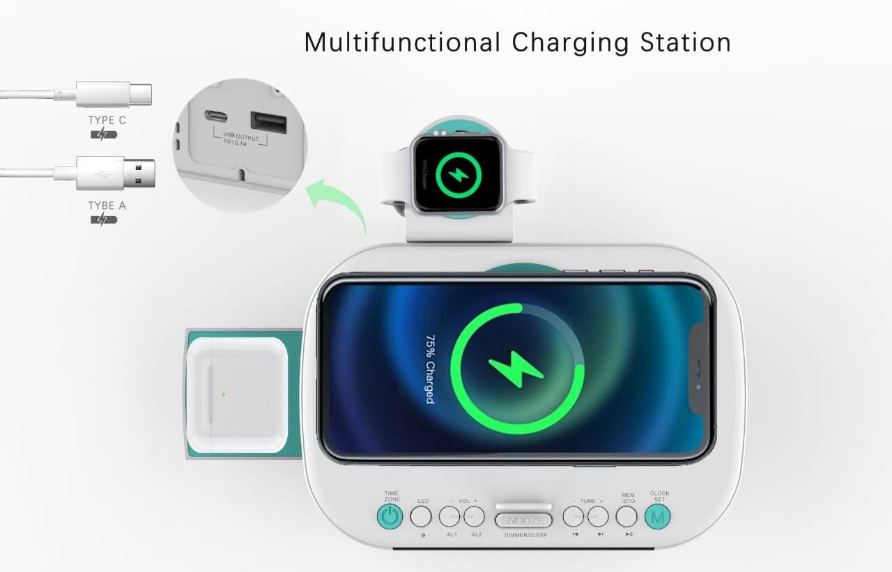 Multifunctional Charging Station

- TYPE C
- TYPE A

USB OUTPUT 5V=2 1A

75% Charged

TIME ZONE
LED
VOL
SNOOZE
DIMMER/SLEEP
TUNE
MEM
CLOCK SET
AL1
AL2