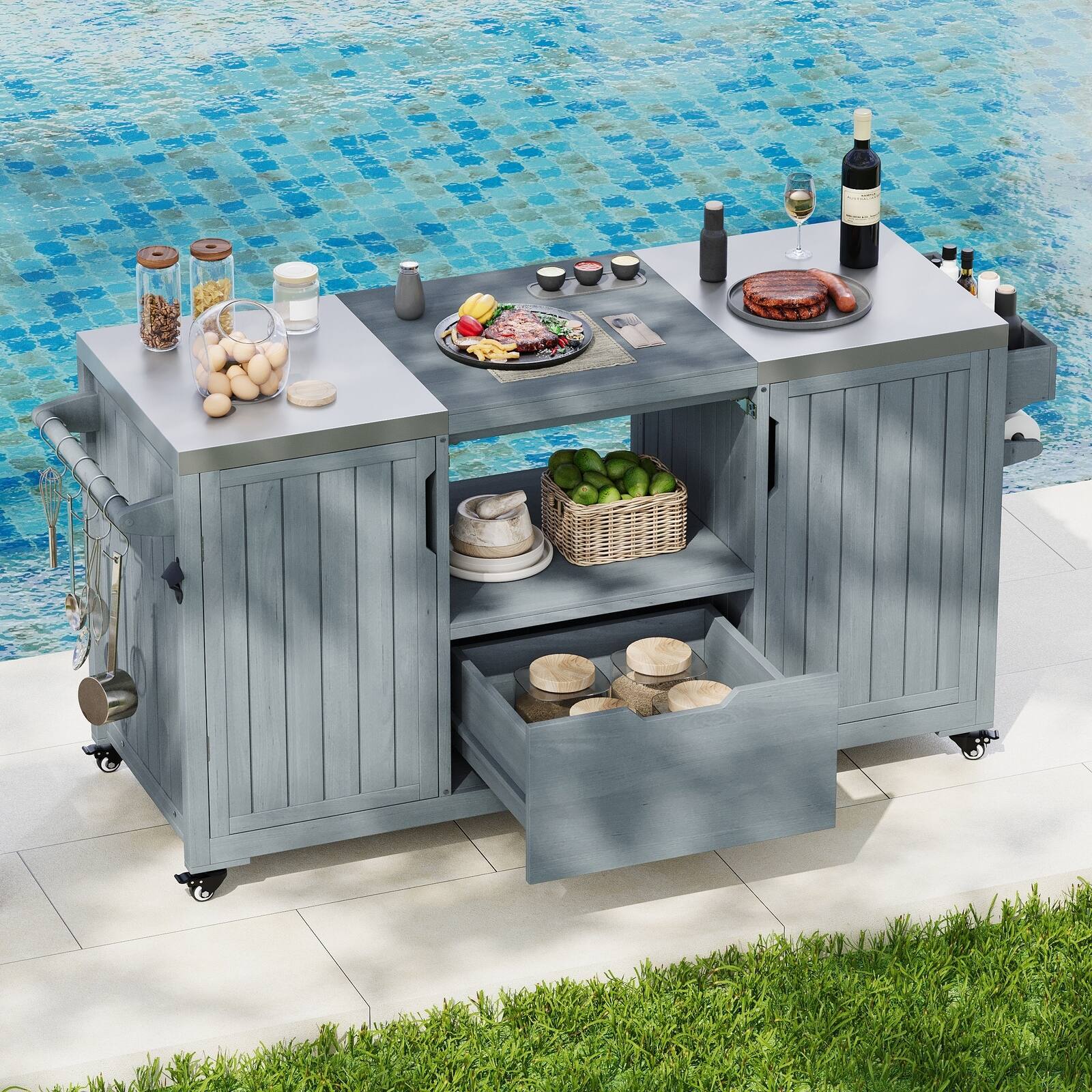 Angle. Spaco - Spaco 67" Outdoor Kitchen Island Cart for Big Green Egg Grills, Teak Stainless Top, Drawer Storage, for Kitchen, Outdoor - Grey+Blue.