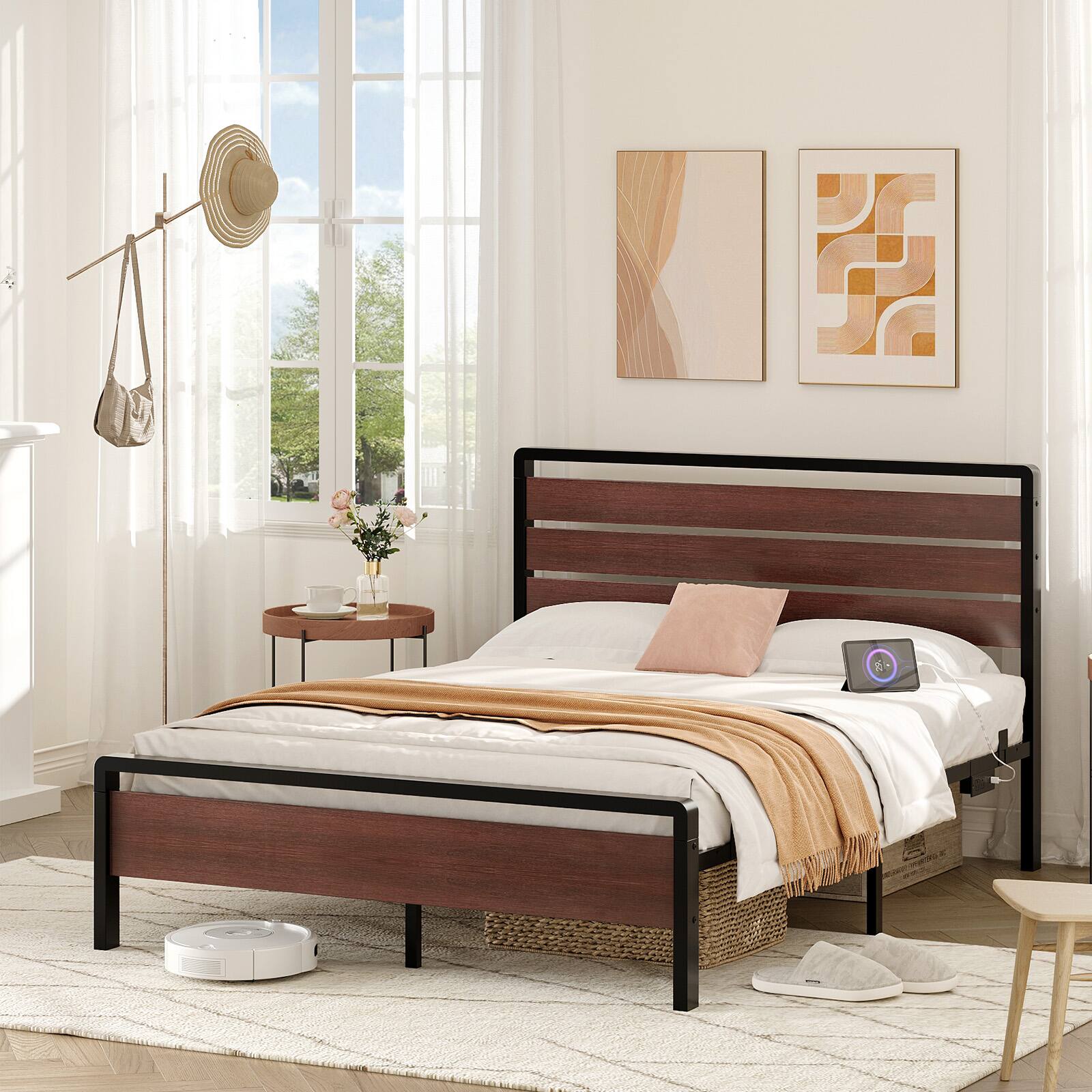 Alt View 9. Winado - Full Size Platform Bed Frame with LED Headboard, USB Charging Station, Metal Panel Bed with 12" Under Bed Storage Space - Mahogany Brown.