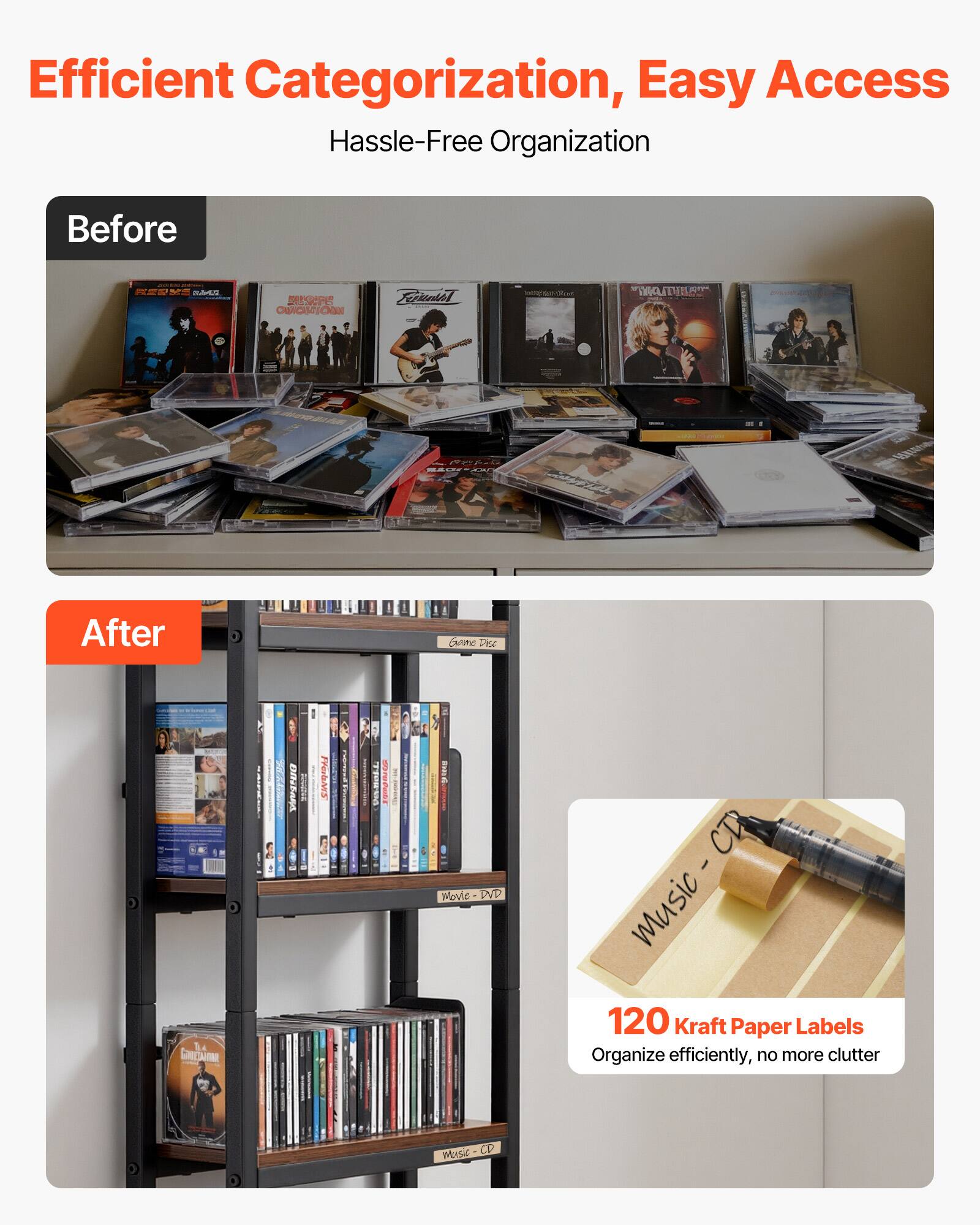 Efficient Categorization, Easy Access  
Hassle-Free Organization

Before

After

120 Kraft Paper Labels  
Organize efficiently, no more clutter