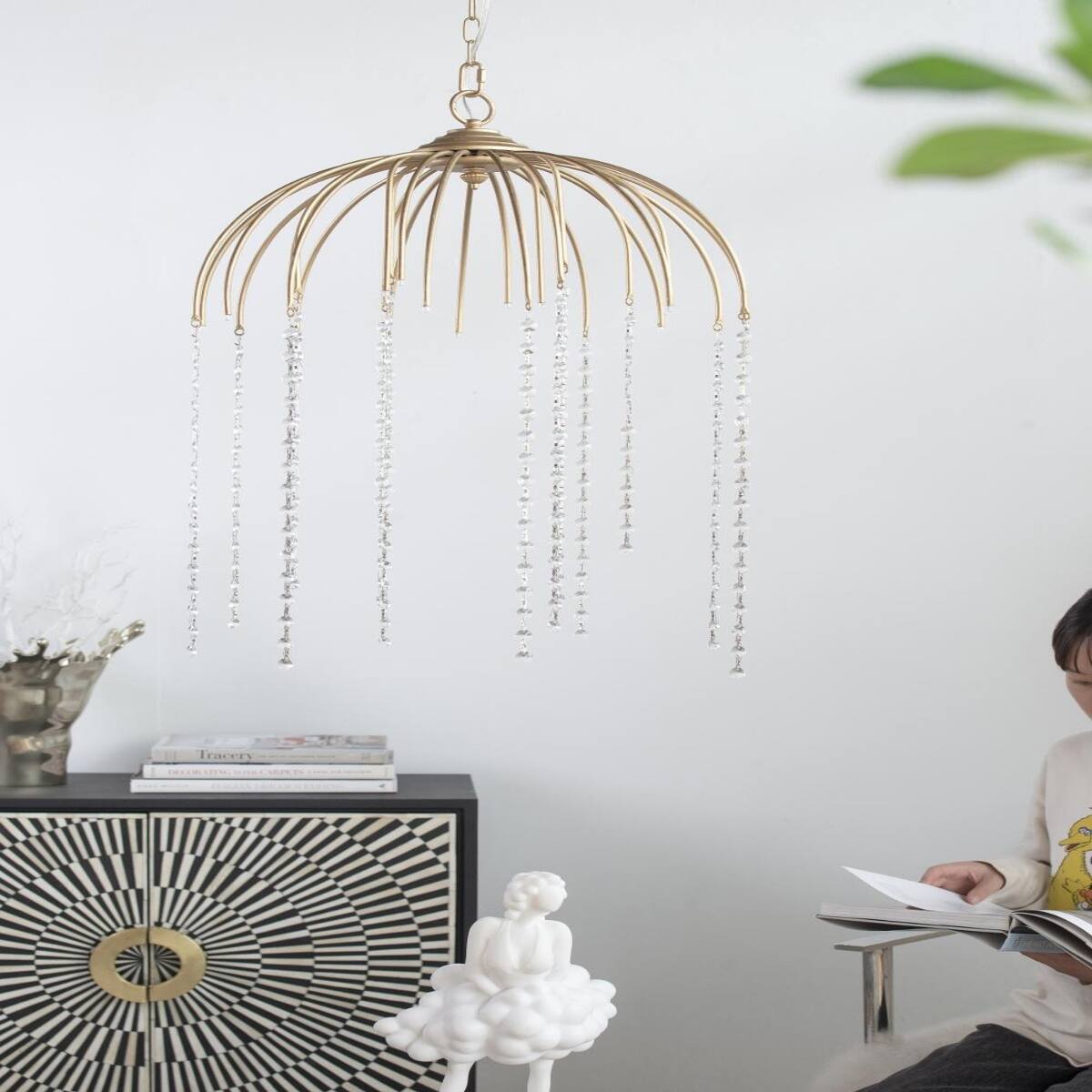Alt View 1. Loheer - Loheer Vintage Gold Glass Bead Chandelier, Umbrella Shaped Hanging Light, 20 in. Wide.