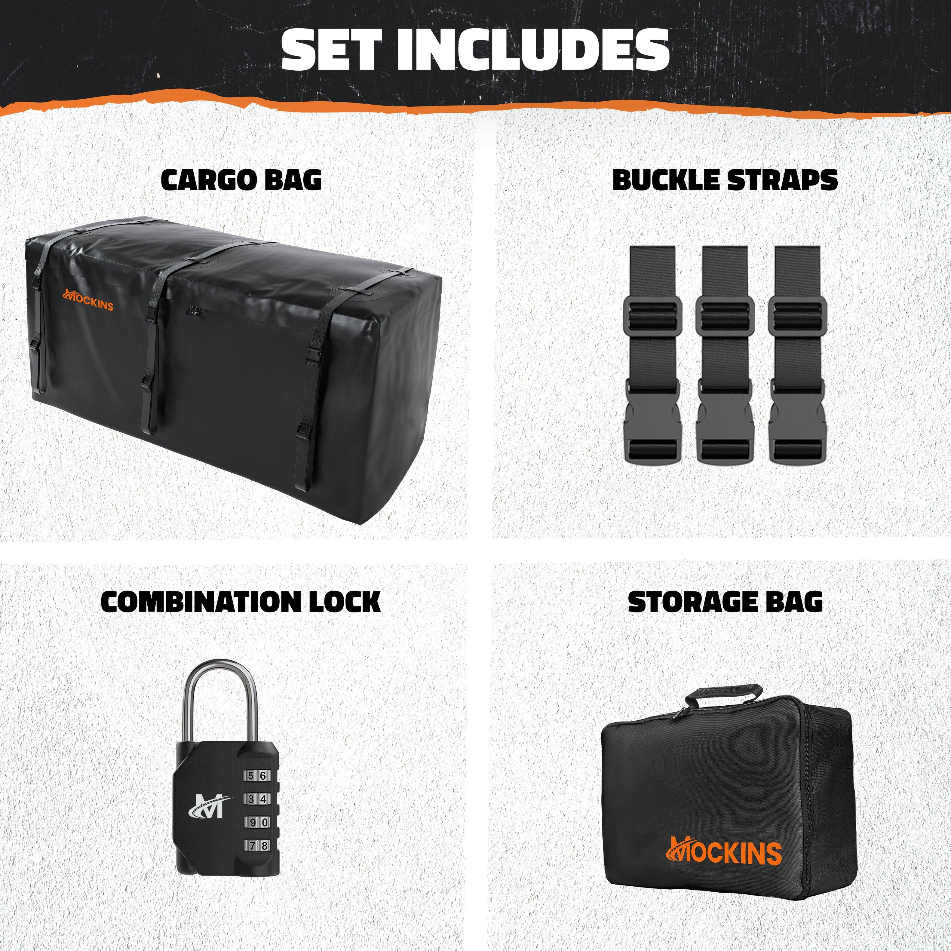 SET INCLUDES

CARGO BAG

BUCKLE STRAPS

COMBINATION LOCK

STORAGE BAG