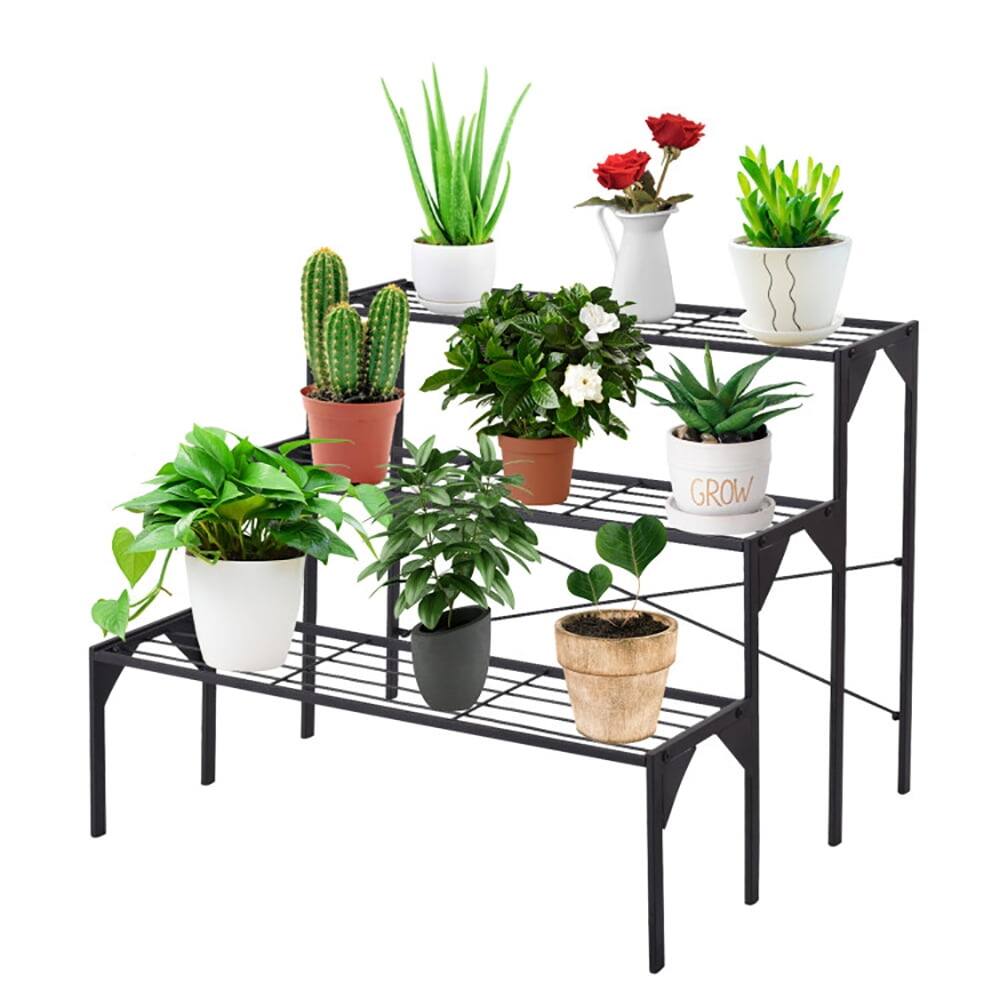Angle. Kadyn - Raised Planter Stand, Large Space Flower Rack Shelf, 3 Tier Outdoor Metal Heavy Duty Modern for Plant Display Stand Rack.