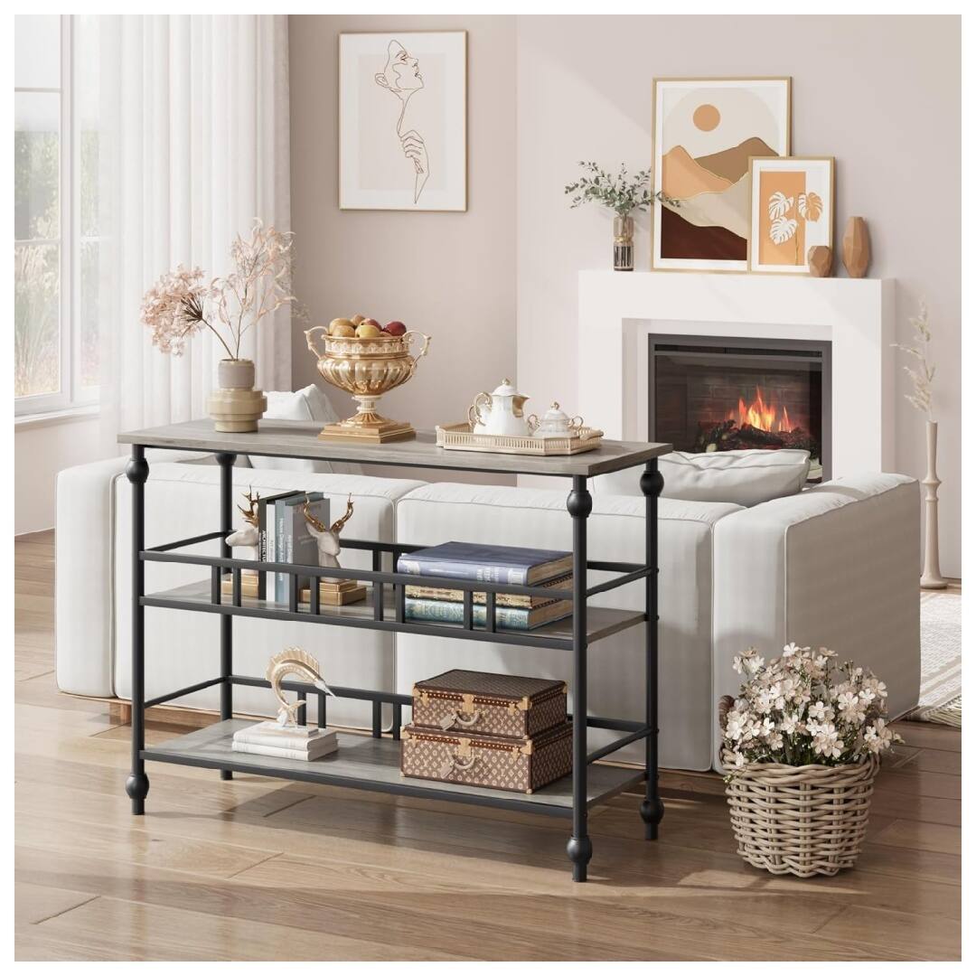 Back. GARVEE - Console Table with Storage, 43" Narrow Sofa Table for Behind Couch - 3 Tier Open Shelf Entryway Table for Hallway - Grey.