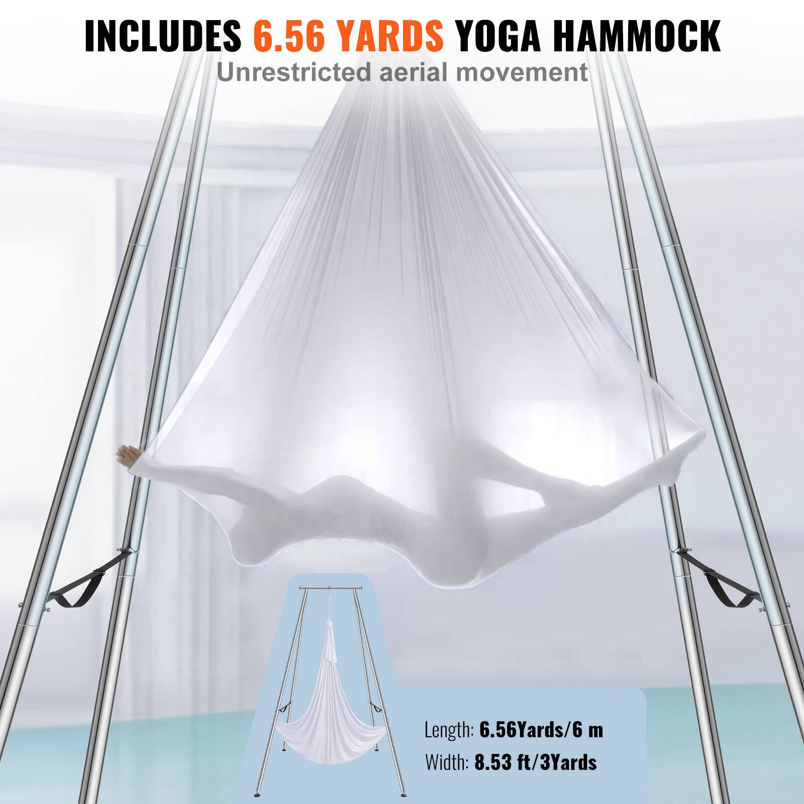 INCLUDES 6.56 YARDS YOGA HAMMOCK  
Unrestricted aerial movement  

Length: 6.56 Yards/6 m  
Width: 8.53 ft/3 Yards