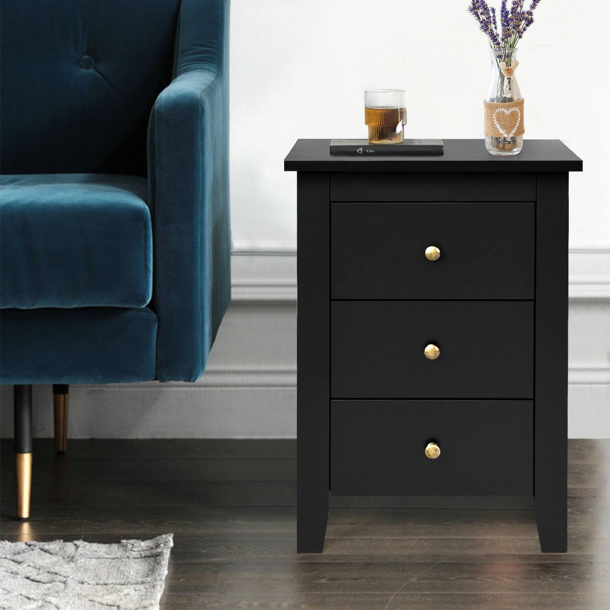 Alt View 13. Costway - Set of 2 Nightstand End Beside Sofa Table with  3 Drawers Bedroom Furniture - Black.
