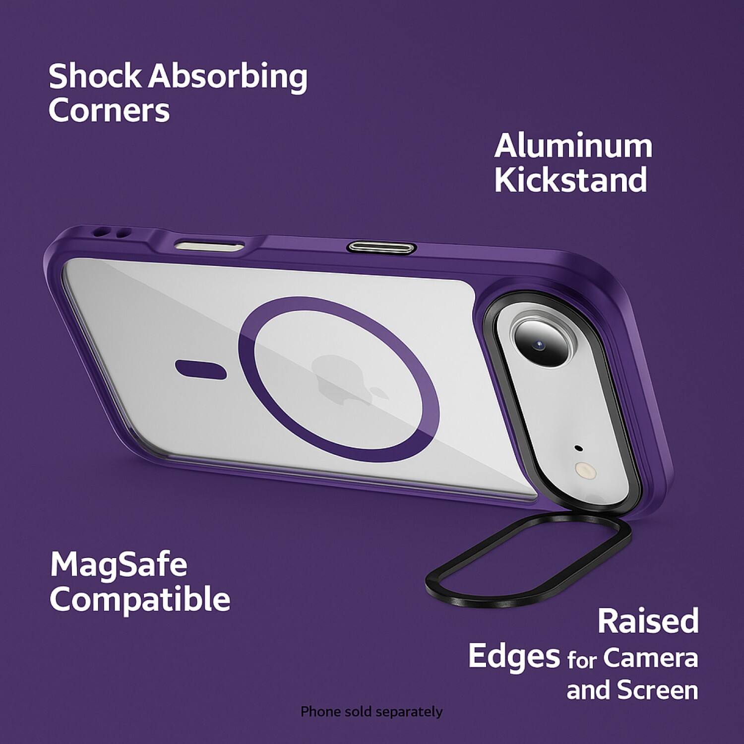 - Shock Absorbing Corners
- Aluminum Kickstand
- MagSafe Compatible
- Raised Edges for Camera and Screen
- Phone sold separately