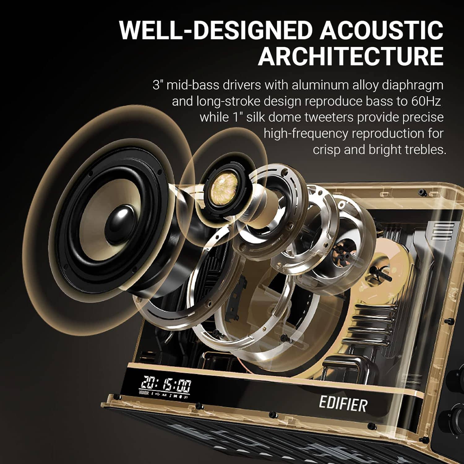 The image showcases a well-designed acoustic architecture, featuring three 3" mid-bass drivers with aluminum alloy diaphragms and long-stroke designs that reproduce bass up to 60Hz. Additionally, there are 1" silk dome tweeters that provide precise high-frequency reproduction for crisp and bright trebles. The image highlights the speaker's unique design and performance capabilities.