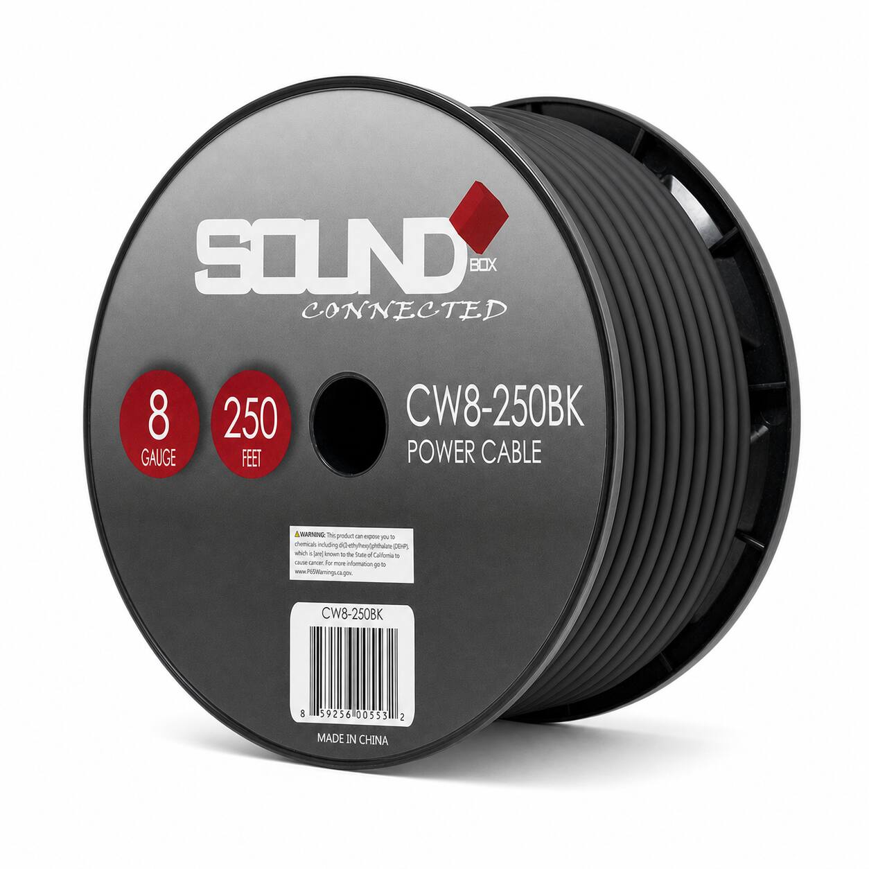 SOUND BOX CONNECTED  
8 GAUGE  
250 FEET  
CW8-250BK POWER CABLE  

WARNING: This product can expose you to chemicals including Styrene, which is known to the State of California to cause cancer. For more information go to www.P65Warnings.ca.gov.  

CW8-250BK  
8  
59256 00553 2  
MADE IN CHINA