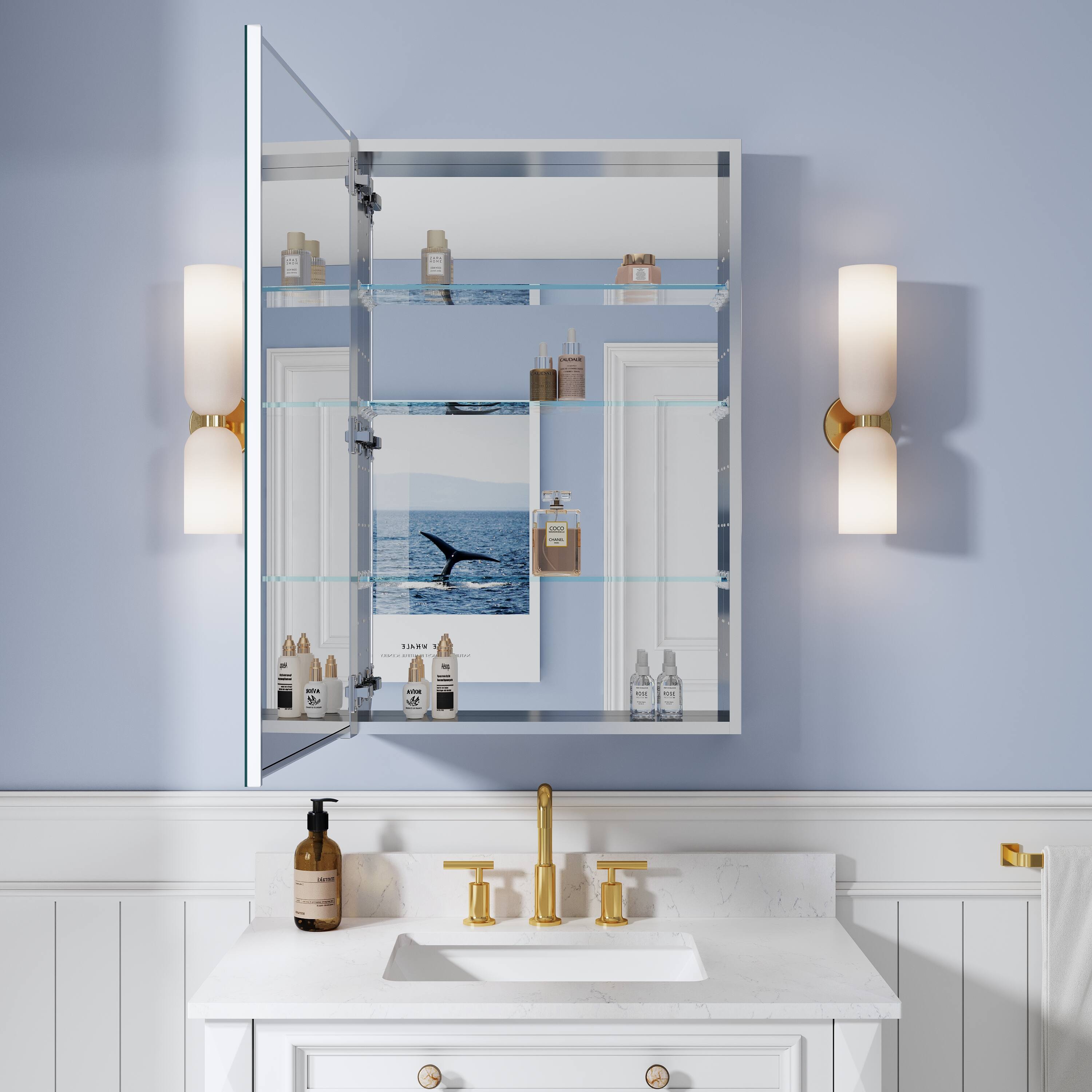 Angle. WELLFOR - 24 in. W x 36 in. H Rectangular Aluminum Tri-View Medicine Cabinet with Mirror, Blum Hinge, Adjustable Shelves - Silver.