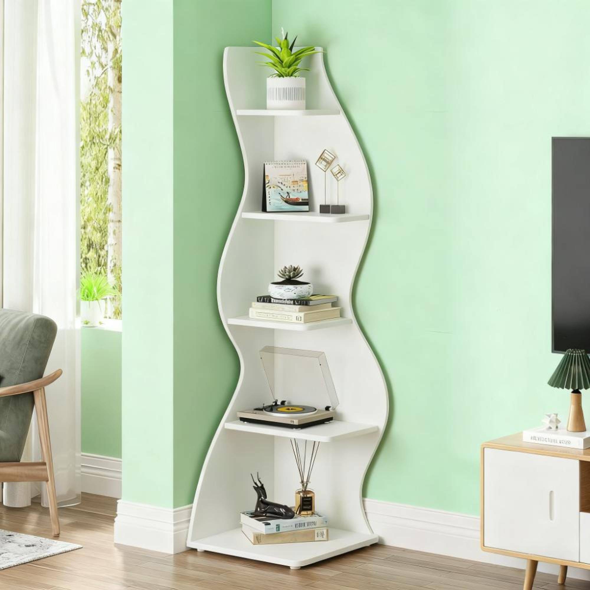 Angle. GOODSILO - Modern 5-Tier Corner Bookshelf Storage Rack for Home and Office Organization - White.