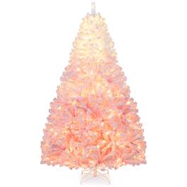 Gymax - 7 FT Artificial Christmas Tree Hinged Snow Flocked Xmas Tree w/ 1264 Branch Tips - Pink