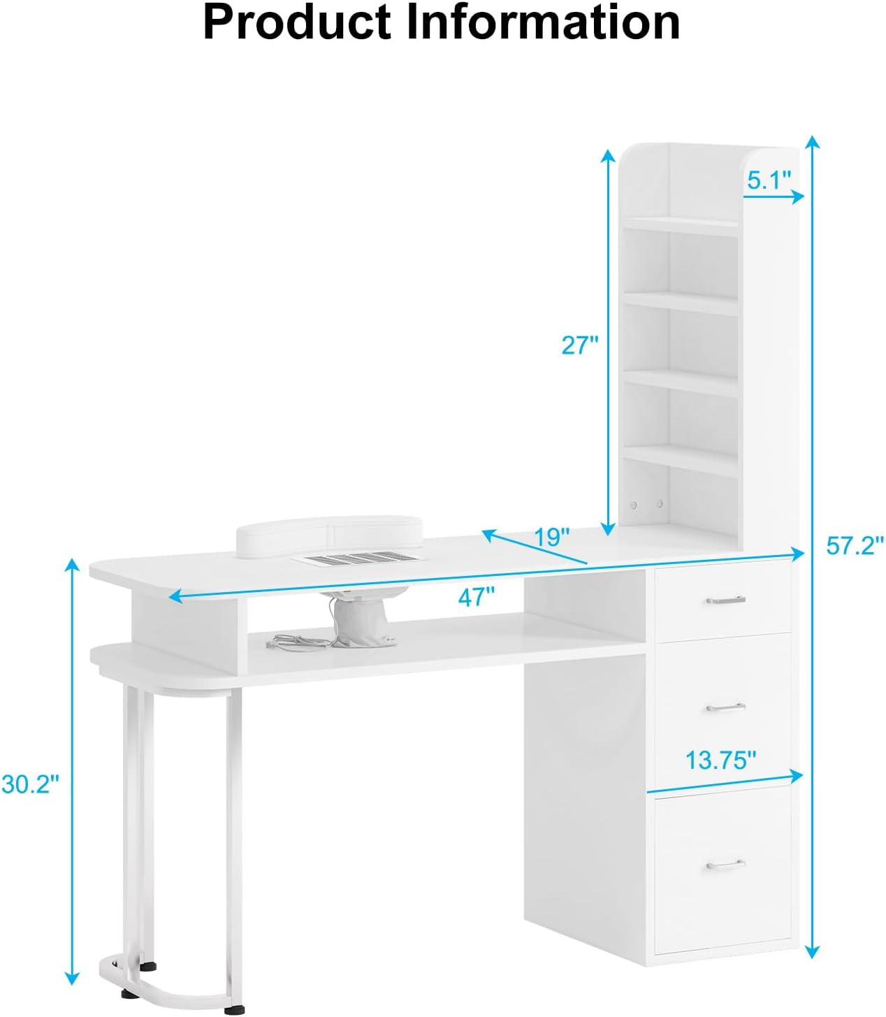 Product Information

- Width: 57.2"
- Depth: 30.2"
- Height: 30.2"
- Desk Surface Width: 47"
- Desk Surface Depth: 19"
- Shelf Height: 27"
- Shelf Depth: 5.1"
- Drawer Height: 13.75"