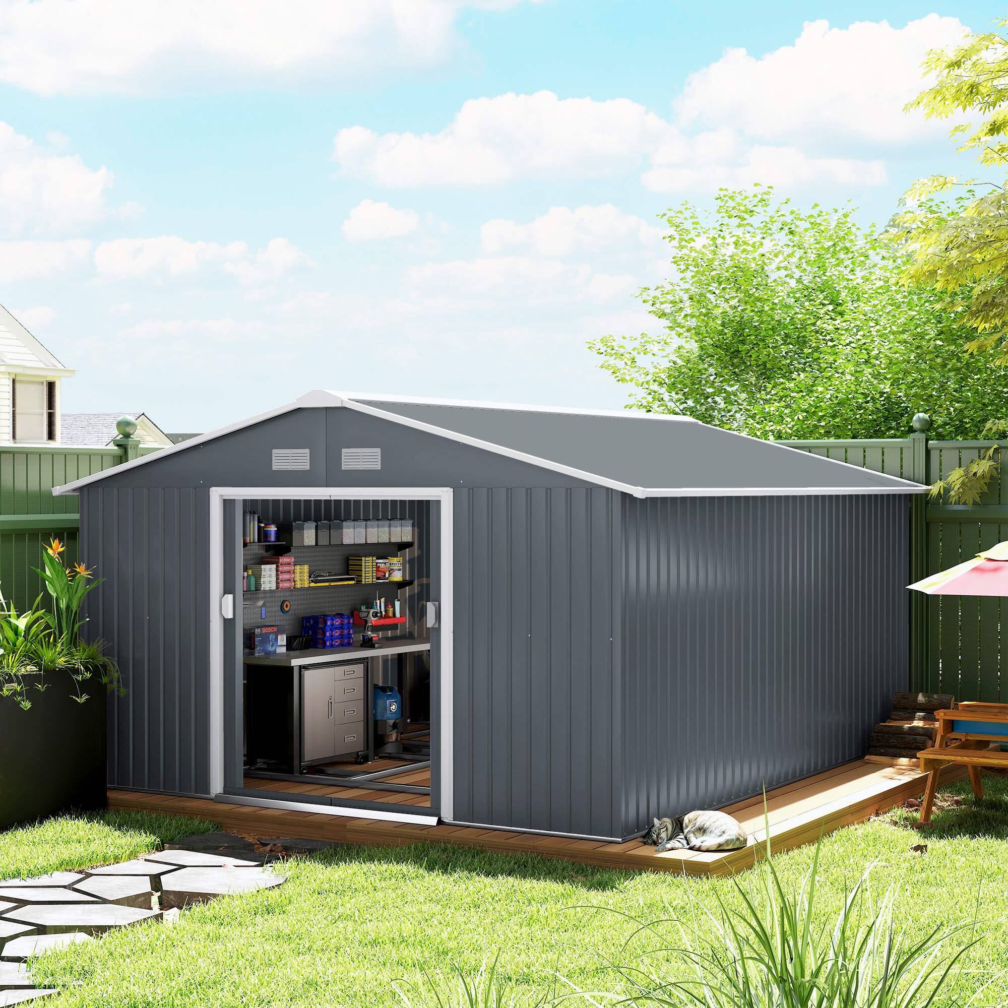 Alt View 1. Outsunny - 11' x 13' Outdoor Storage Shed, Garden Tool Metal Shed with Foundation Kit, Double Lockable Door.