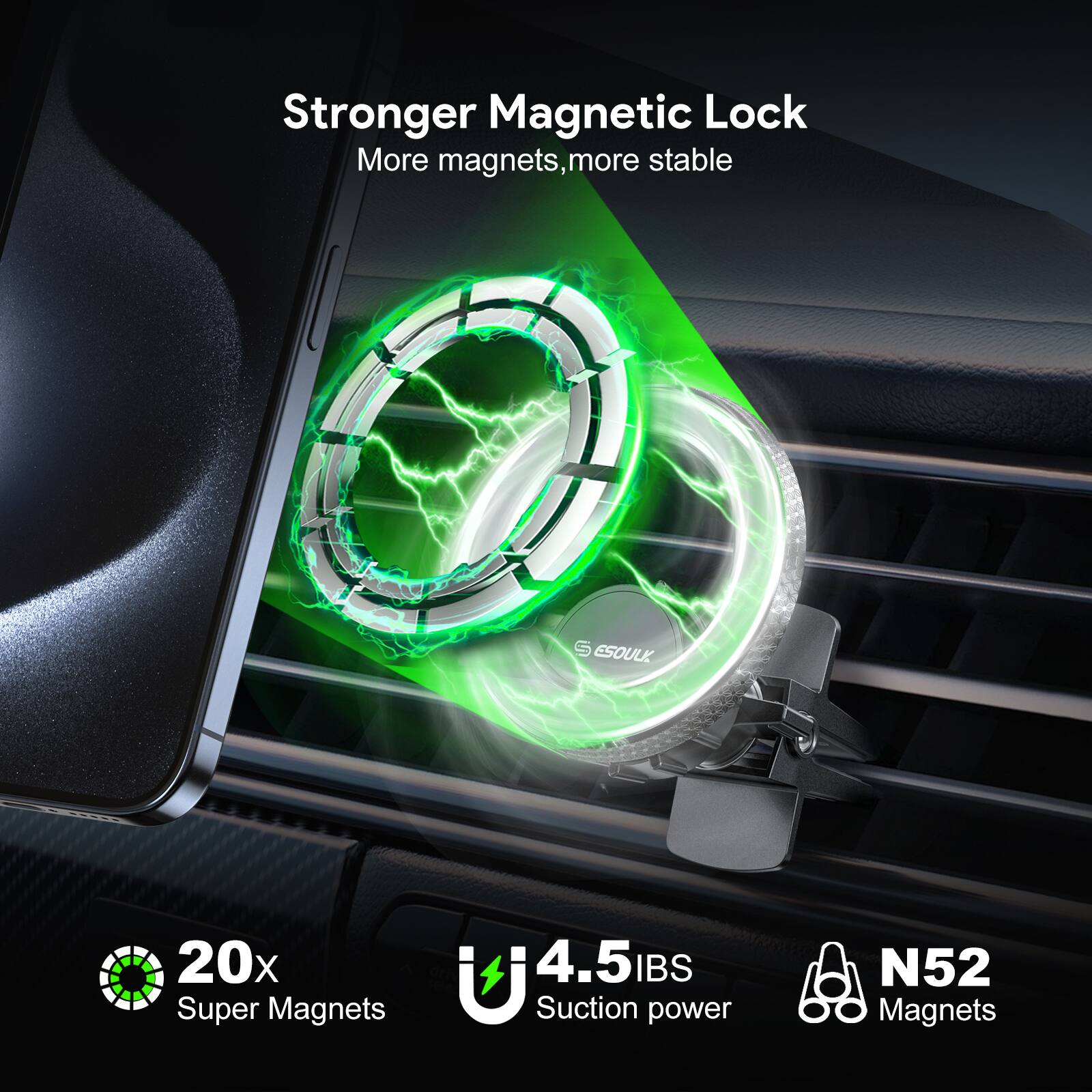 Stronger Magnetic Lock, More magnets, more stable, 20x Super Magnets, 4.5IBS Suction power, N52 Magnets