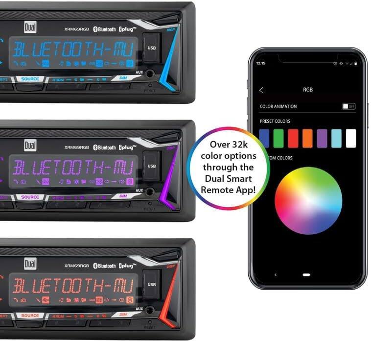 Dual XRM69RGB Bluetooth Oplug  
BLUETOOTH-MU  
USB  
AUX  
SOURCE  
DIM  

Dual XRM69RGB Bluetooth Oplug  
BLUETOOTH-MU  
USB  
AUX  
SOURCE  
DIM  

Dual XRM69RGB Bluetooth Oplug  
BLUETOOTH-MU  
USB  
AUX  
SOURCE  
DIM  

Over 32k color options through the Dual Smart Remote App!