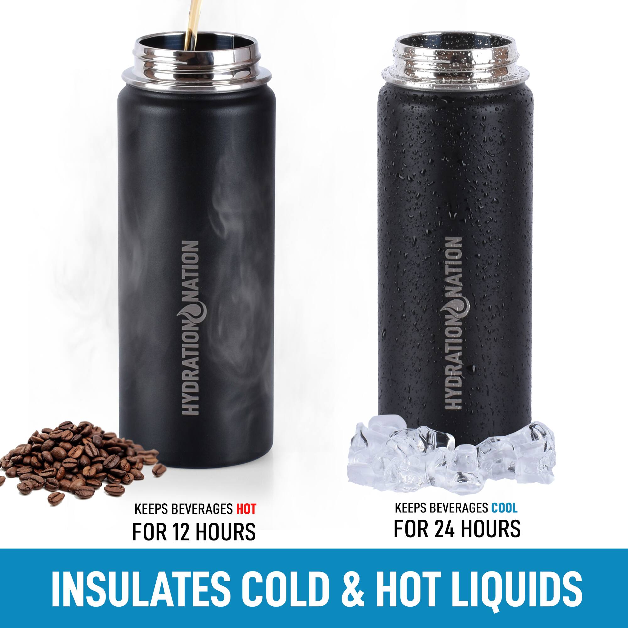 HYDRATION NATION  
KEEPS BEVERAGES HOT FOR 12 HOURS  
KEEPS BEVERAGES COOL FOR 24 HOURS  
INSULATES COLD & HOT LIQUIDS