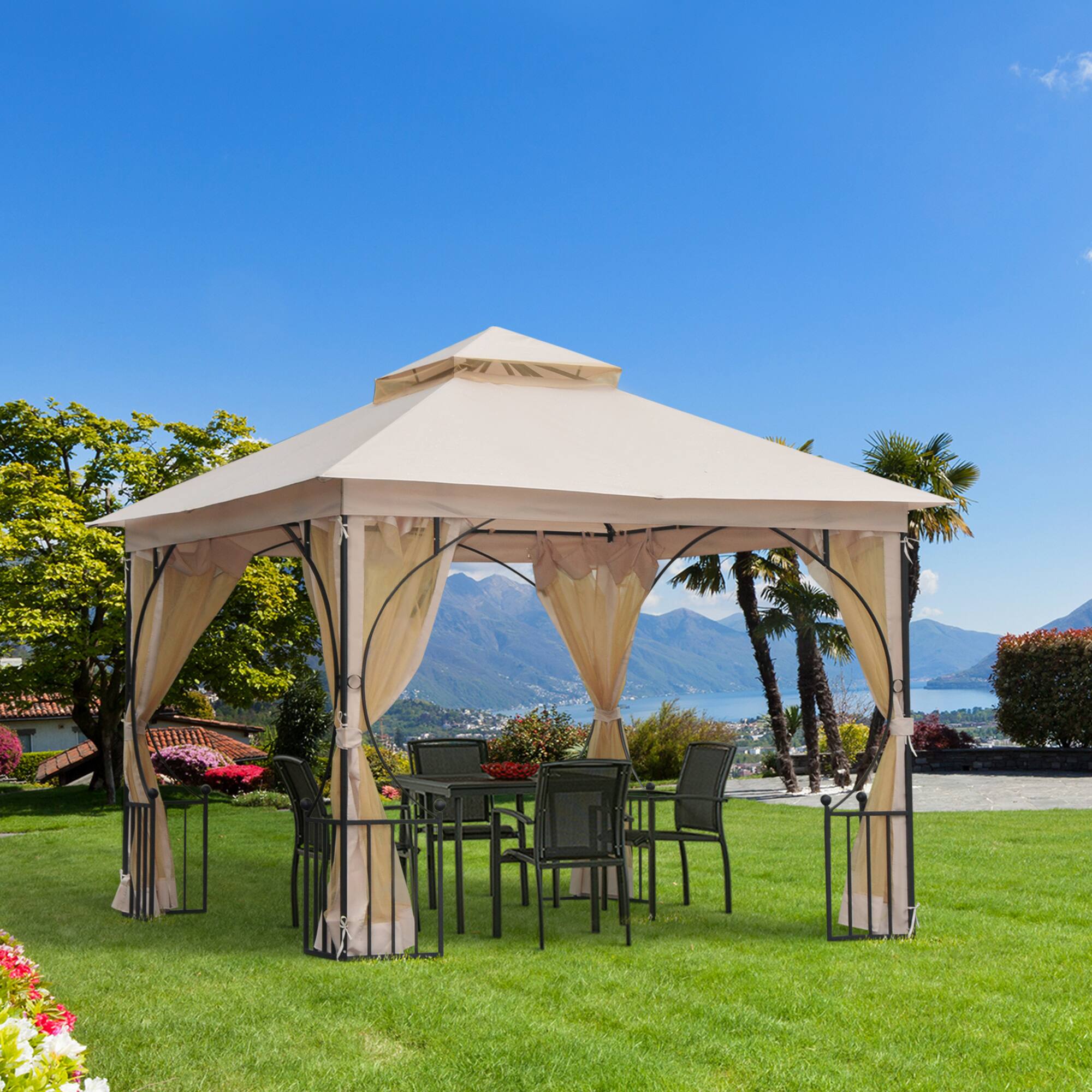 Alt View 1. Outsunny - 10' x 10' Patio Gazebo, Double Roof Outdoor Gazebo Canopy Shelter with Netting, Steel Corner Frame - Beige.